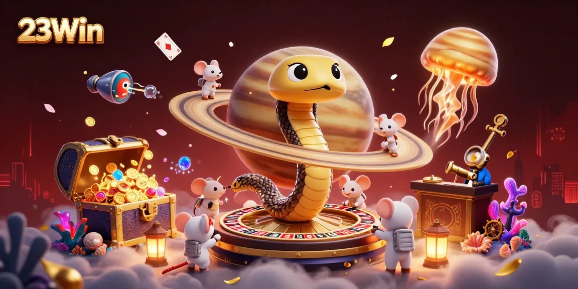 Experience the thrill of betting at 23Win with cosmic characters and vibrant casino elements.