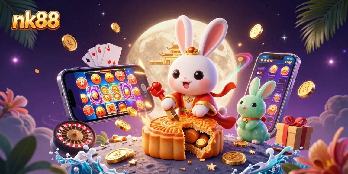 Join the fun at nk88 with a vibrant moon rabbit theme showcasing poker chips and casino games!