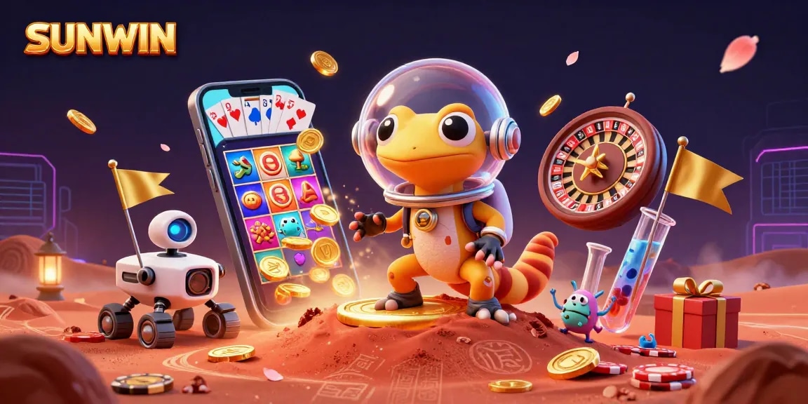 SUNWIN players engage with an immersive 3D cartoon casino experience filled with vibrant games and festive elements.