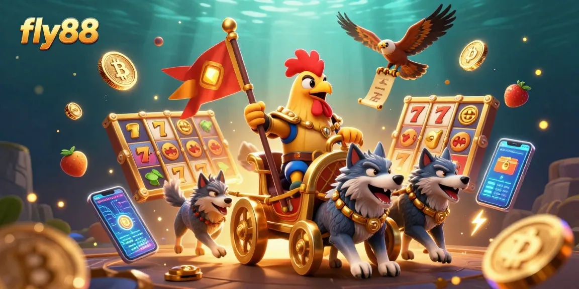 Experience the excitement of fly88 gaming with vibrant slot features and crypto elements in a stunning illustration.