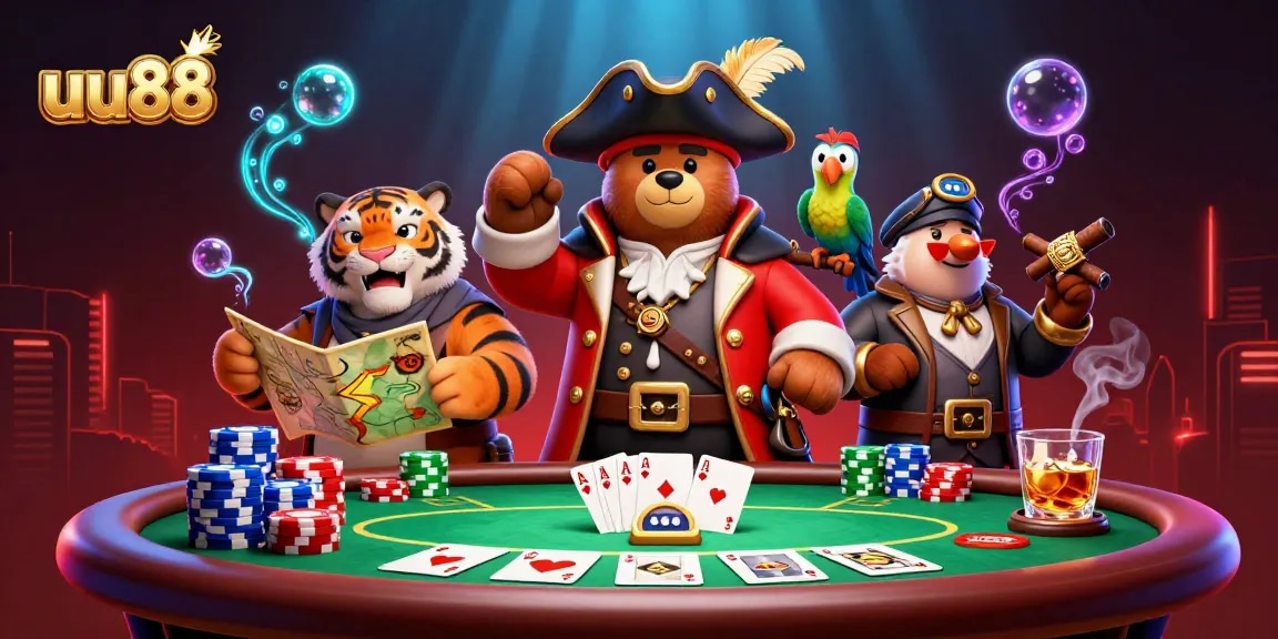 Discover epic winnings at uu88 with a vibrant scene of a bear pirate and tiger mate at a poker table.
