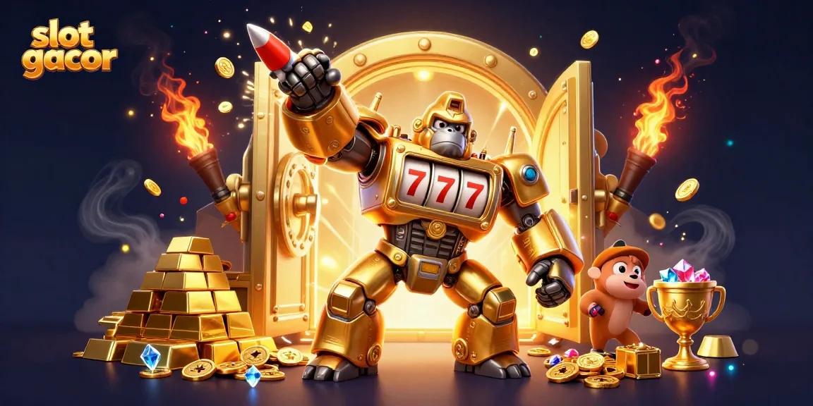 Experience thrilling slot gacor action with a giant golden gorilla mech surrounded by treasures and jewels.
