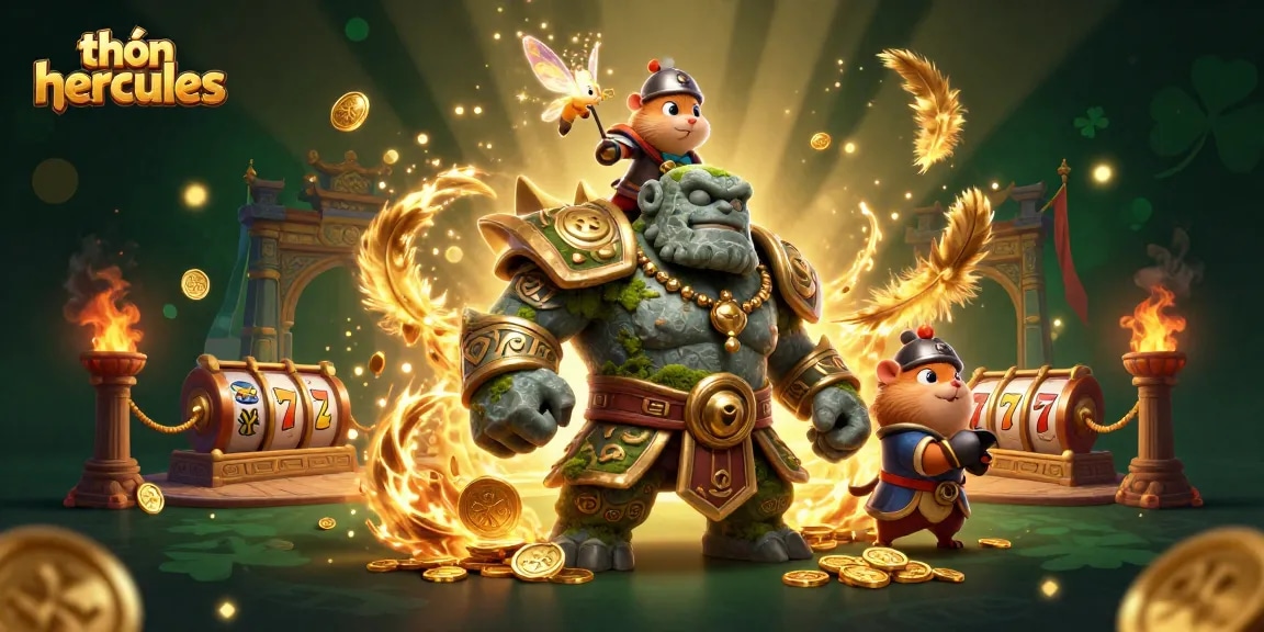 Experience the excitement of thần hercules with dynamic slot reels and enchanting characters in a vibrant casino scene.