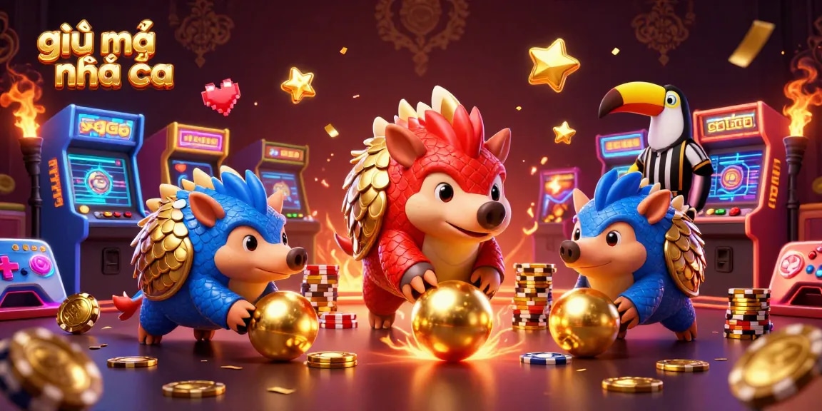 Engaging scene of giải mã nhà cái with rival pangolins playing amidst vibrant casino elements.