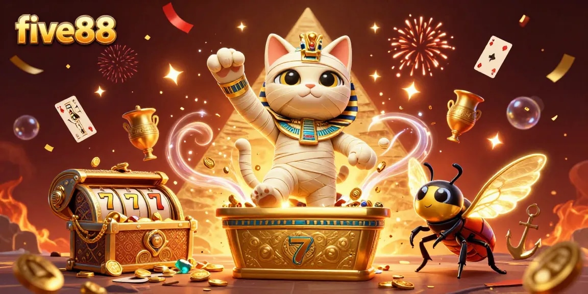 Experience the excitement of five88 with a dazzling 3D Egyptian mummy cat casino scene filled with treasures and vibrant energy.