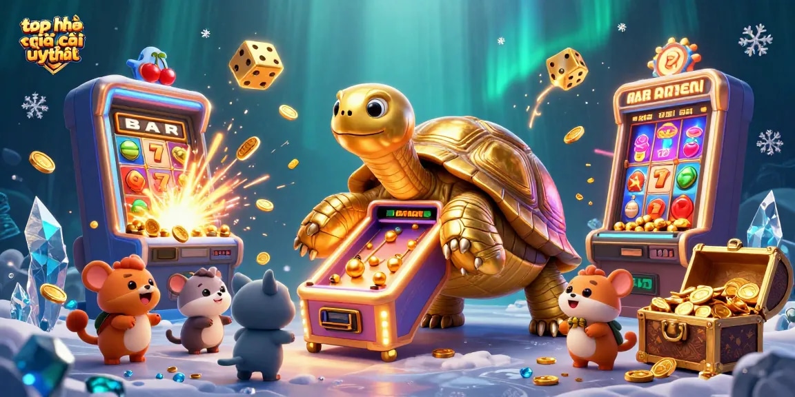 Experience the excitement of top nhà cái uy tín with a colossal golden tortoise and slot machine in a vibrant casino scene.