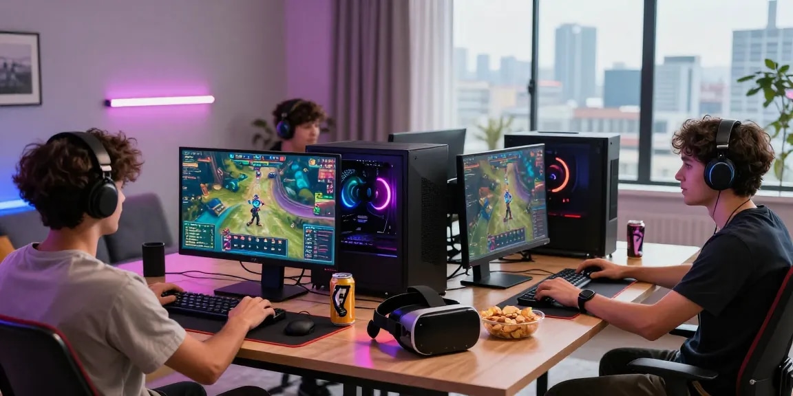 LUCK8 online gaming setup showcasing vibrant gameplay with multiple monitors and modern decor.