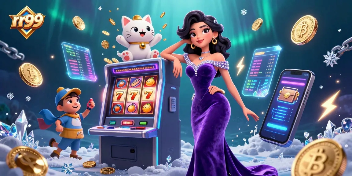 Play thrilling games at rr99 with a stunning casino scene featuring a jackpot-winning slot machine and fortune cat.