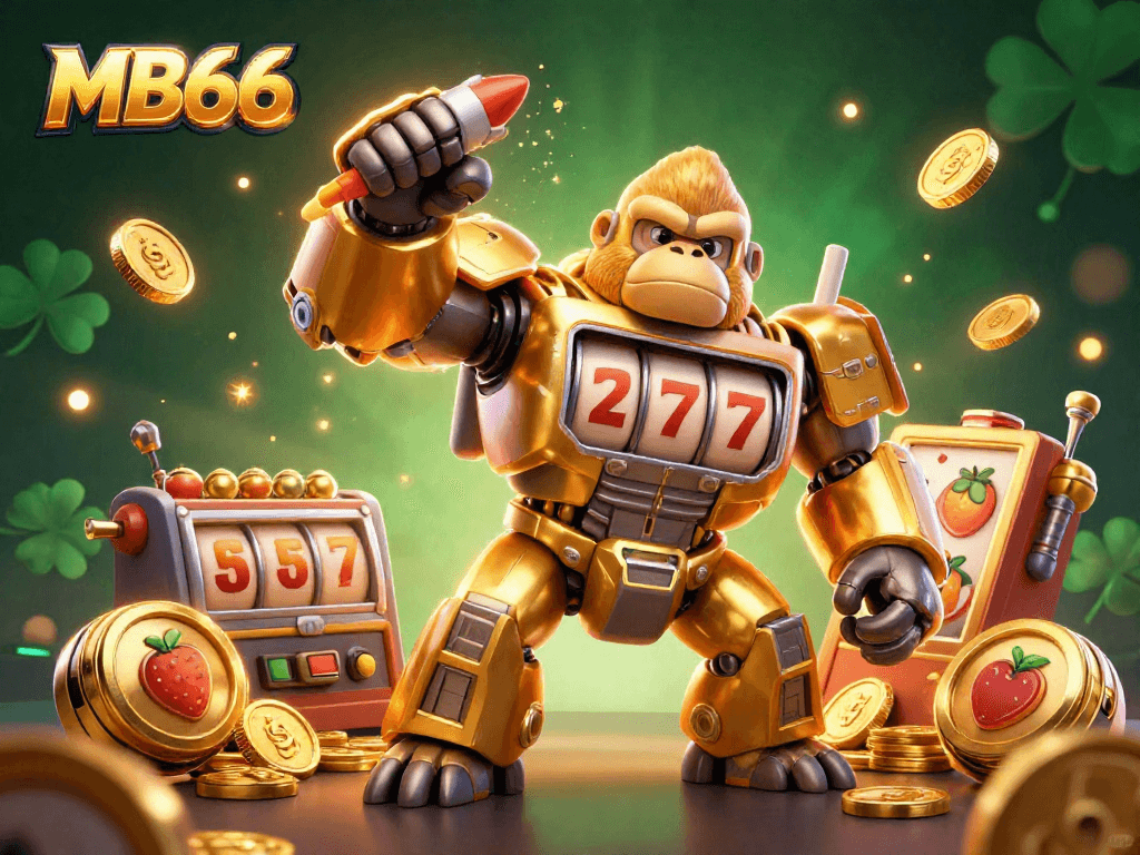 Engage with MB66's thrilling slot experience featuring a dynamic golden gorilla mech amid spinning jackpots.
