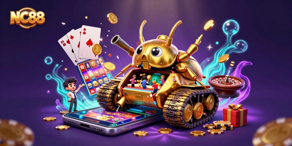 Experience the thrilling NC88 casino world featuring a golden beetle tank and slot games.
