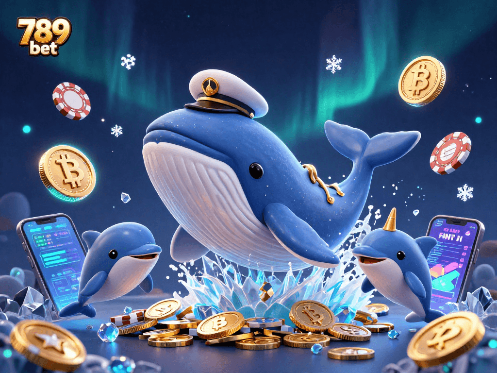 Experience the thrill of 789 bet with this vibrant 3D casino illustration featuring whales and playful dolphins.