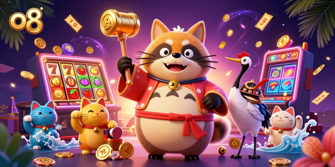 Experience the thrill of o8 casino with cheerful tanuki and vibrant slot elements in dynamic illustration.