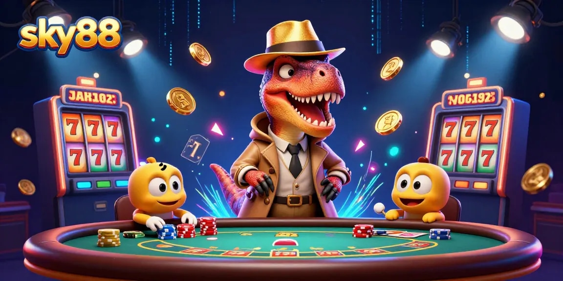 sky88 velociraptor card counter at a blackjack table surrounded by slot elements and jackpots