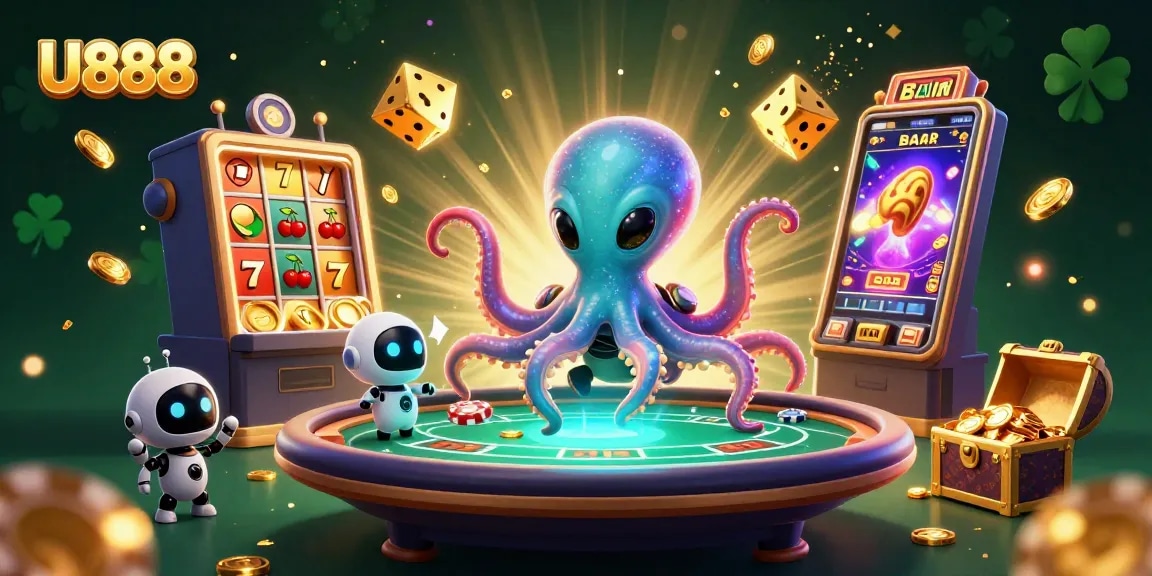 U888 gaming experience with a vibrant alien octopus at a holographic poker table.