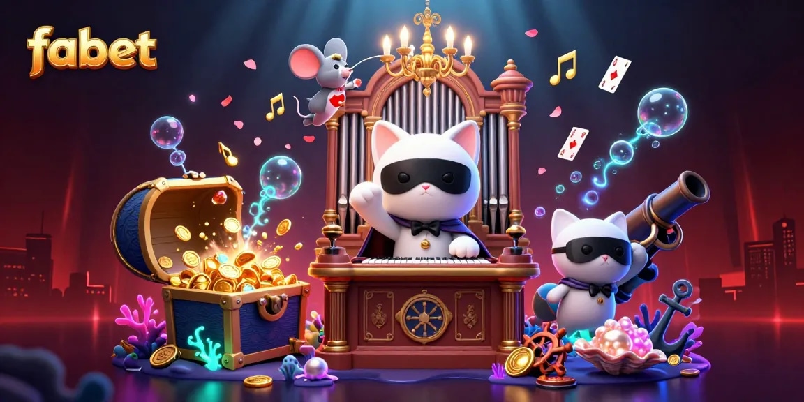 Experience vibrant and exciting fabet casino action with floating playing cards, gold coins, and entertaining characters.