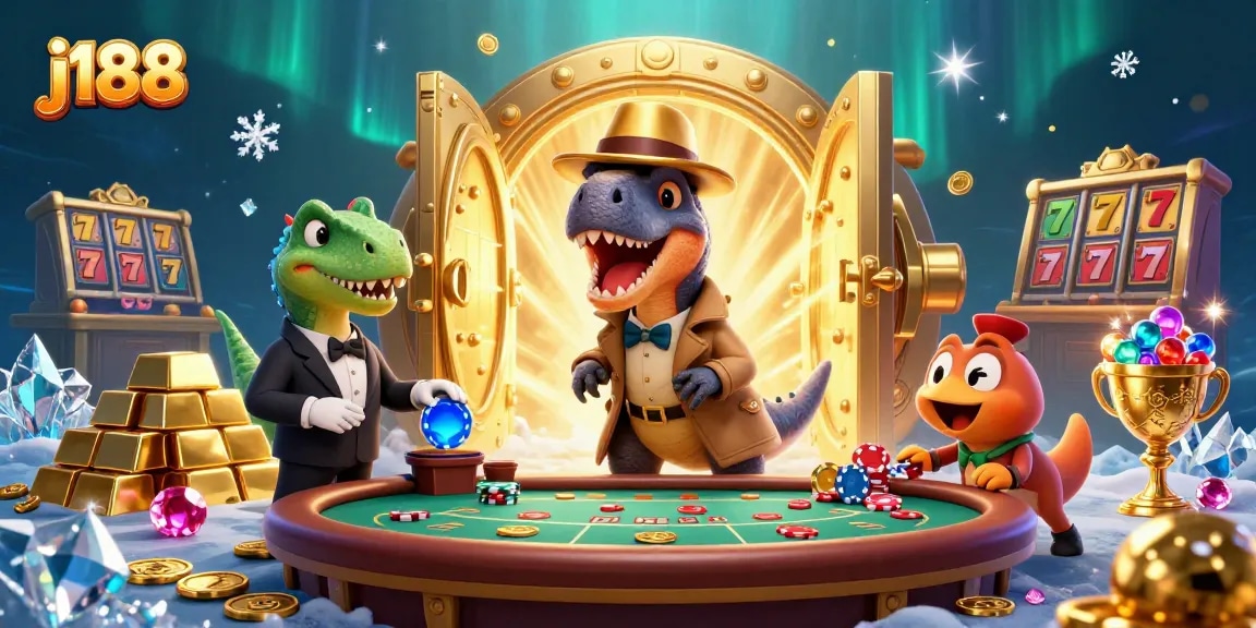 Exciting gaming scene featuring j188 velociraptor card counter amidst casino thrills and treasures.
