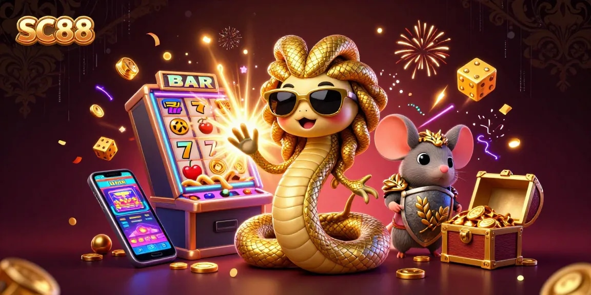 Winning with SC88 at the jackpot explosion on a colorful casino scene illustration.