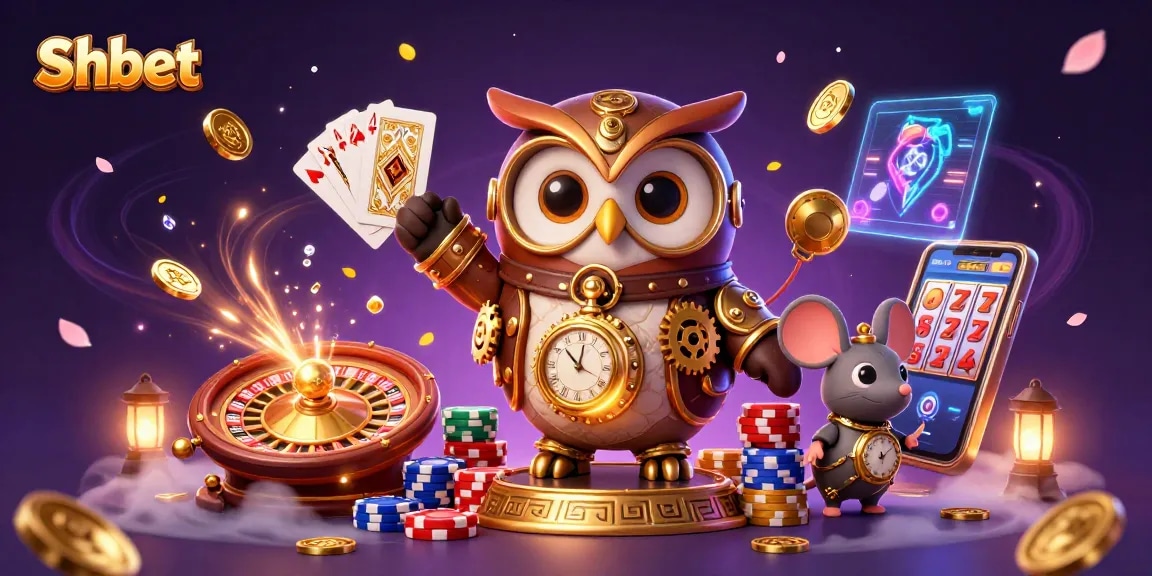 Shbet offers high-stakes gaming with a dynamic visual of a steampunk owl and casino elements.