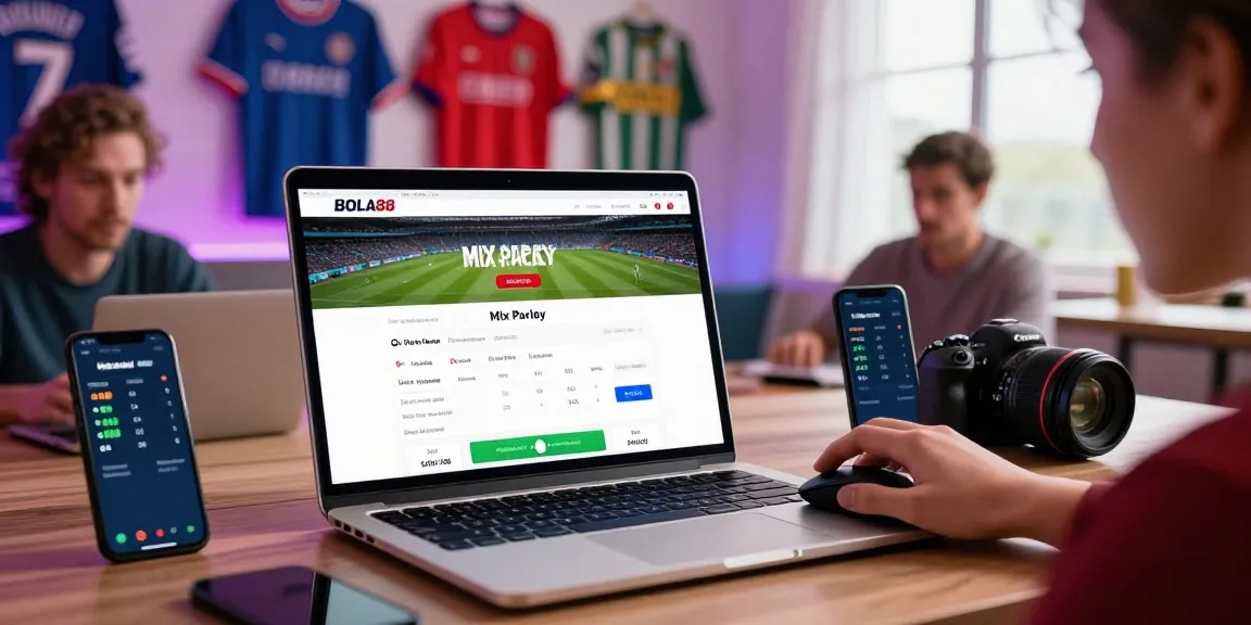 Dynamic bettors engaged with Taruhan Mix Parlay Bola88 on an exciting betting platform, showcasing live odds and team spirit.
