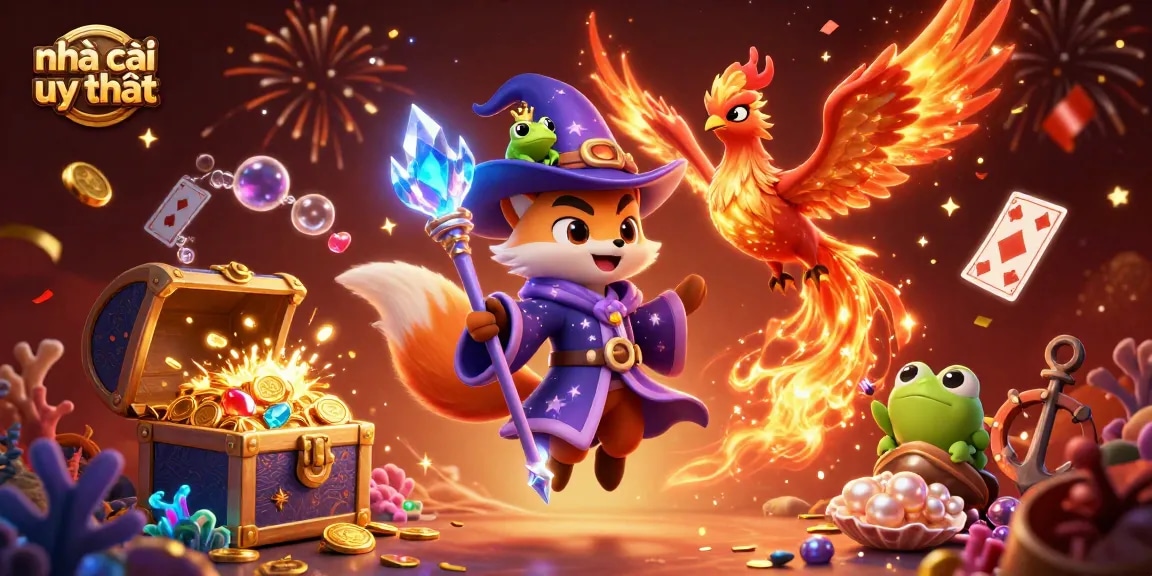 Engaging illustration showcasing nhà cái uy tín, featuring a wizard fox and phoenix amidst a vibrant casino scene.