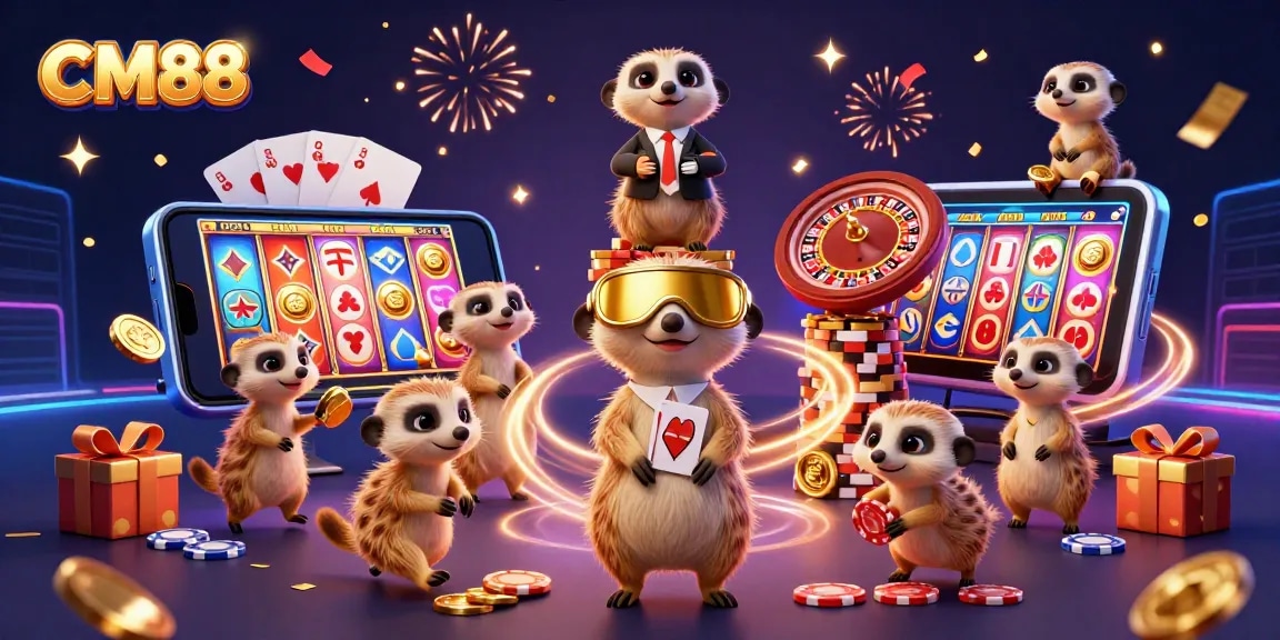 Experience exciting gameplay and casino action with CM88 meerkats managing a vibrant casino scene.