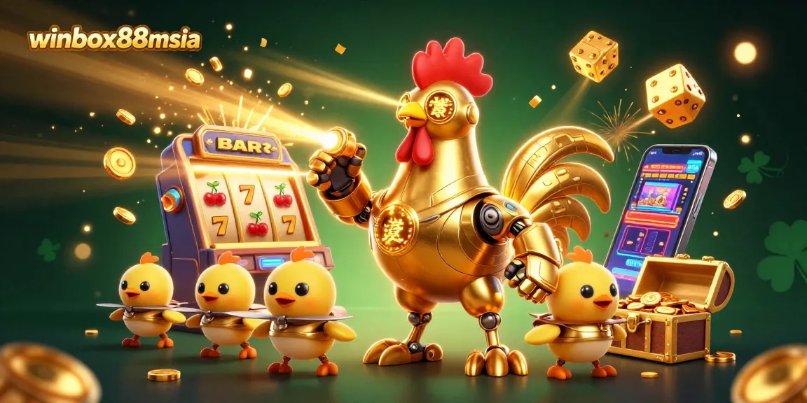 Winbox88msia showcases a vibrant casino scene with a golden rooster robot and thrilling game elements.