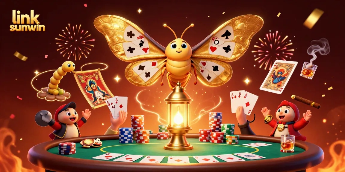 Engage with link sunwin as a 3D illustration depicts casino excitement with poker elements and golden animated characters.