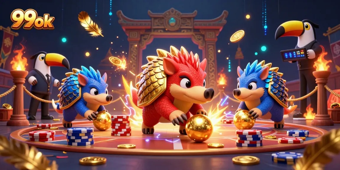 Experience the gaming action at 99ok with competitive pangolins and vibrant casino elements in a dynamic illustration.