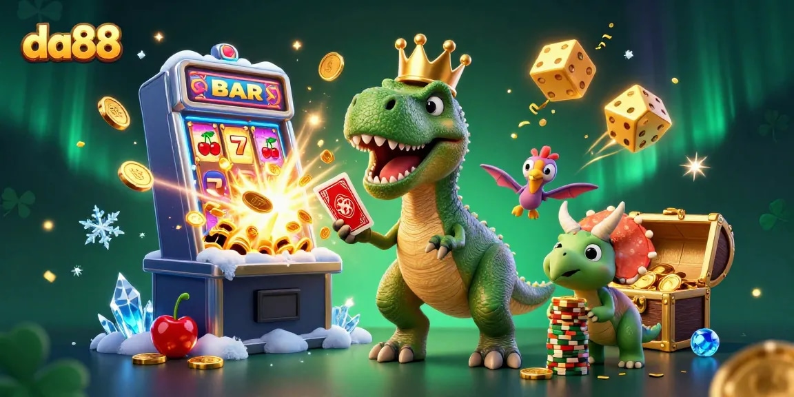 da88 T-Rex preparing to shuffle cards surrounded by casino elements, showcasing excitement and gameplay.
