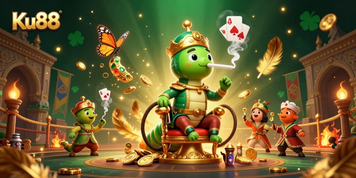 Experience thrilling gameplay at Ku88 with a captivating scene showcasing a giant caterpillar hookah-master among vibrant casino elements.