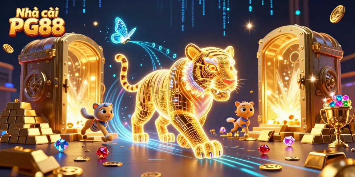 Play casino games at Nhà cái PG88 with an enchanting 3D scene featuring a glowing tiger and treasures.