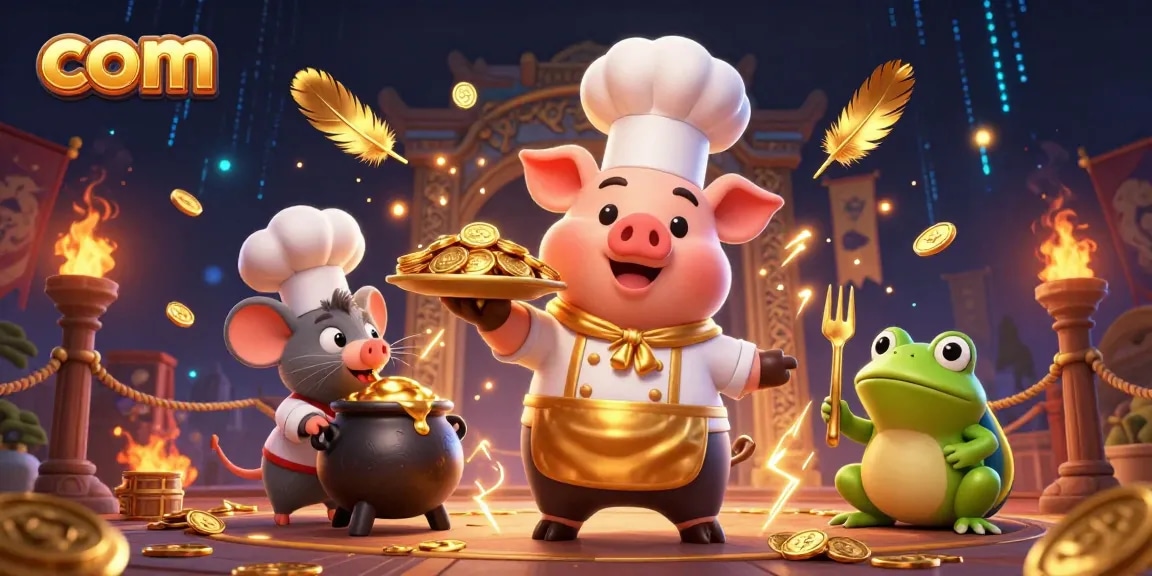 Engage with com's gold coin extravaganza featuring a chef pig, mouse, and critic frog in action.