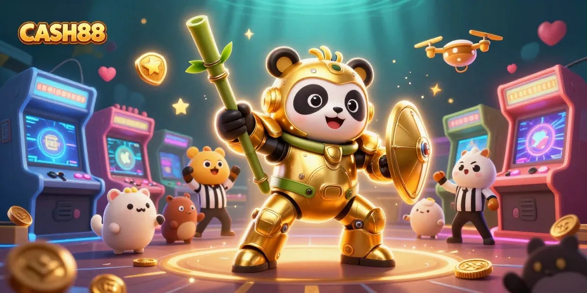 CASH88 offers a thrilling gold adventure featuring a mech-suit panda in a vibrant casino atmosphere.