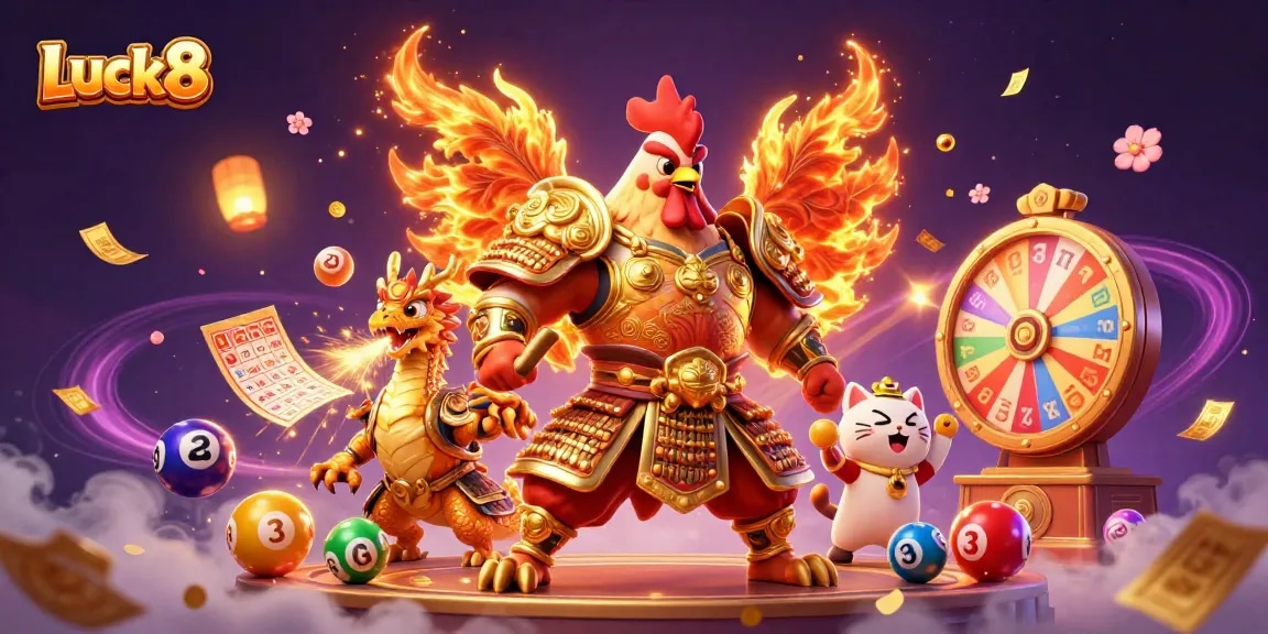 Luck8 features a 3D rooster warrior and dragon in an exciting casino atmosphere, perfect for gamblers.