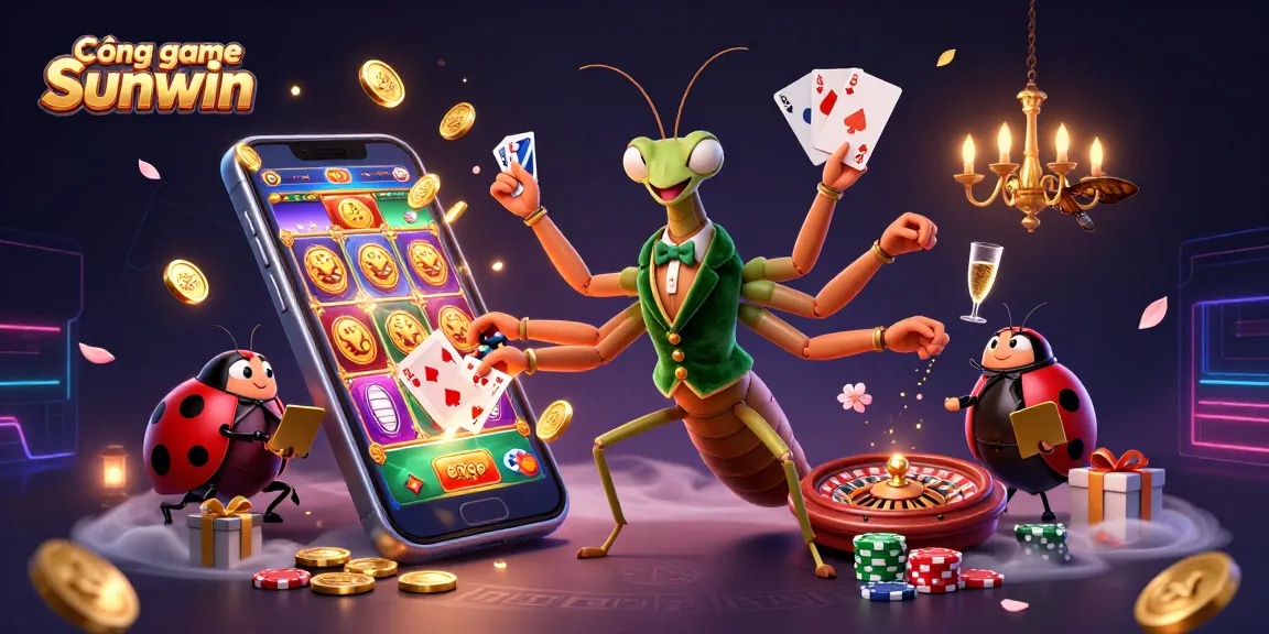 Cổng game Sunwin featuring lively characters in a dynamic casino scene with cards and slot games.