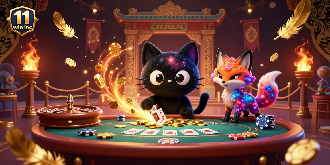 Engaging cosmic casino scene featuring 11 win inc with captivating characters, chips, and vibrant effects.