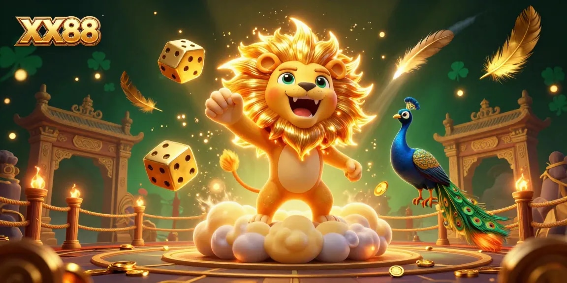 Win big at XX88 with a vibrant 3D casino landscape showcasing exciting games and lucky characters.