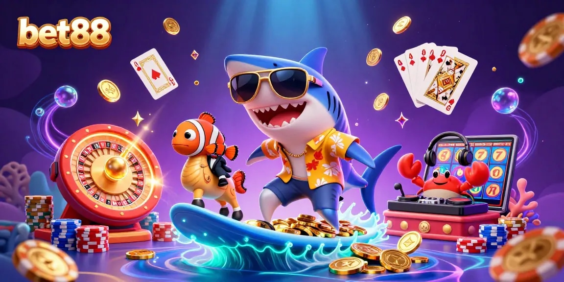 Engage in exhilarating wins with bet88 while the shark surfs on coins and luck!