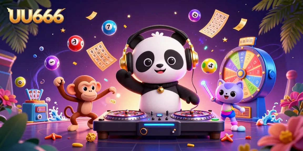 Join the fun with UU666 in a vibrant 3D casino scene featuring a DJ panda and dancing monkey.