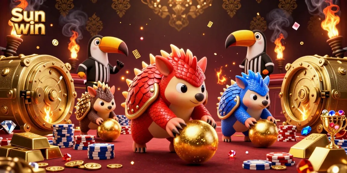Experience the thrill of Sun win with rival pangolins bowling through poker chips in a vibrant casino scene.