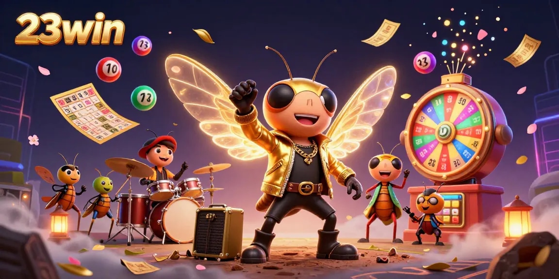 Experience the excitement of 23win with vibrant lottery elements and a dynamic scene of animated characters.