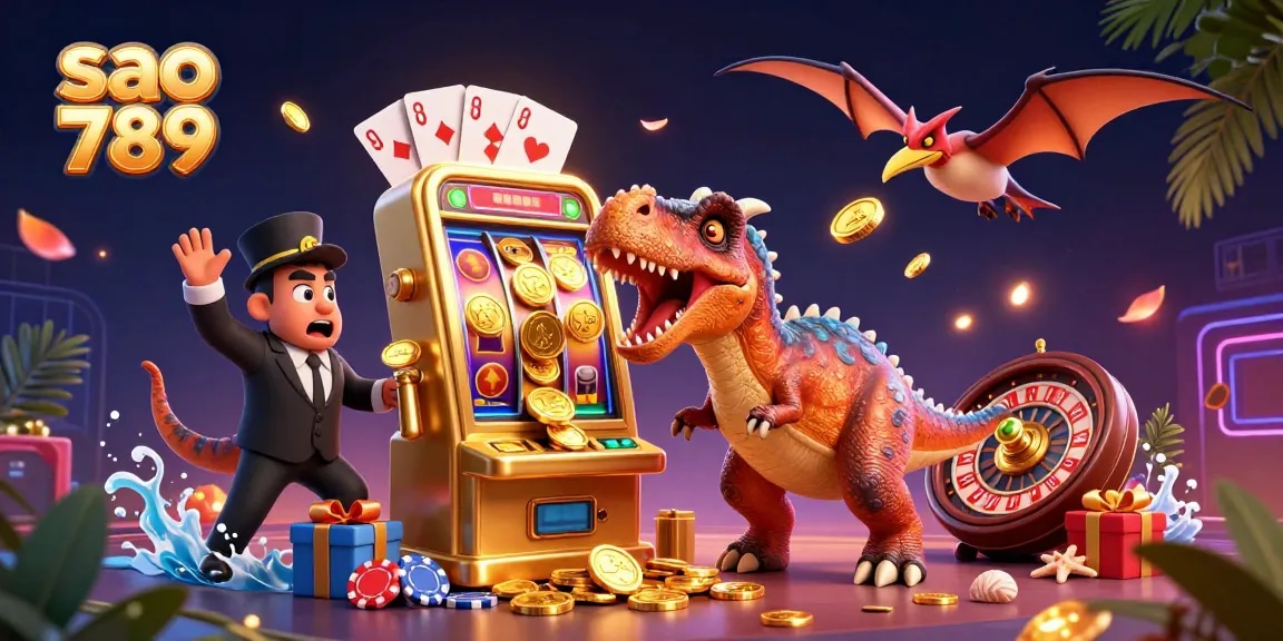 Swing into excitement with sao 789 as a pachycephalosaurus hits a golden slot machine, coins scatter!