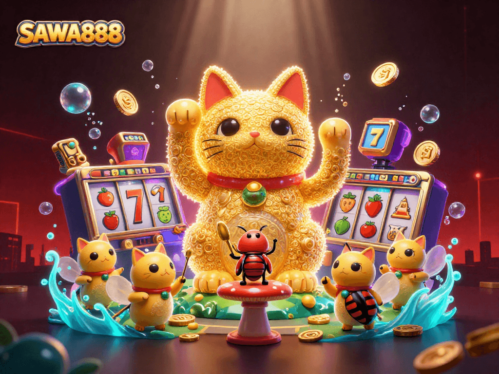 Experience excitement with SAWA888 as a golden lucky cat formed by fireflies interacts with colorful slots symbols.