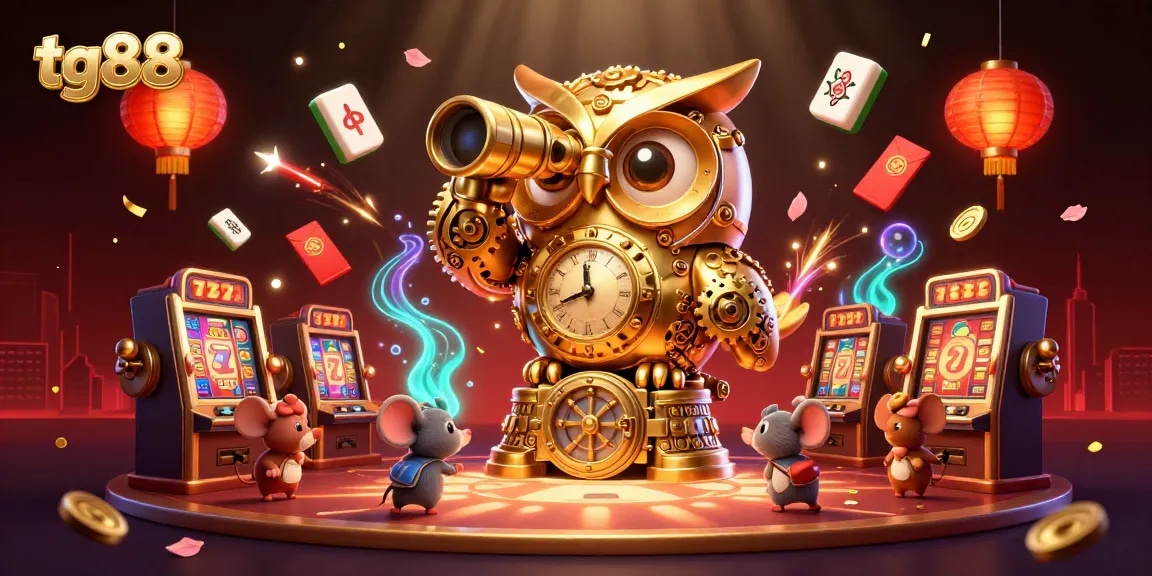 Engage with tg88, featuring a golden owl scanning a vibrant casino while cute mice scurry between brass slot machines.