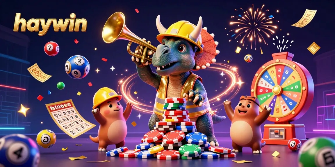 Experience excitement with the Haywin triceratops as it builds a poker chip pyramid in a vibrant casino scene.