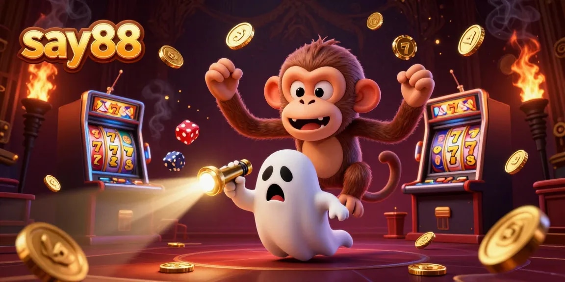 Engage in winning strategies at say88 with a ghostly monkey juggling golden casino elements in a haunted backdrop.