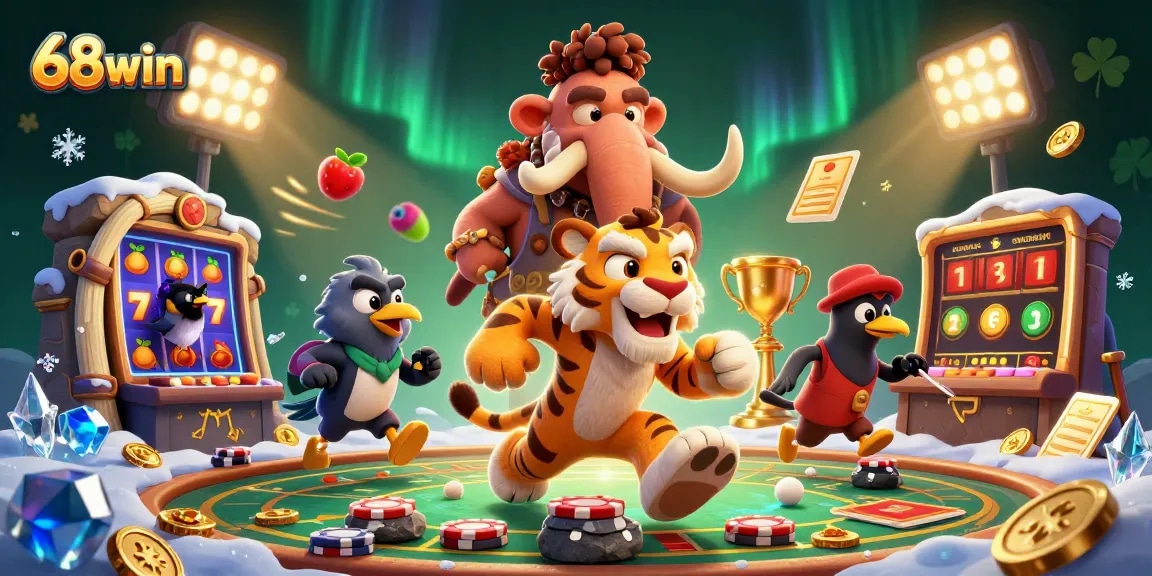 Play thrilling games at 68win's vibrant and dynamic prehistoric casino illustration featuring exciting slot action.