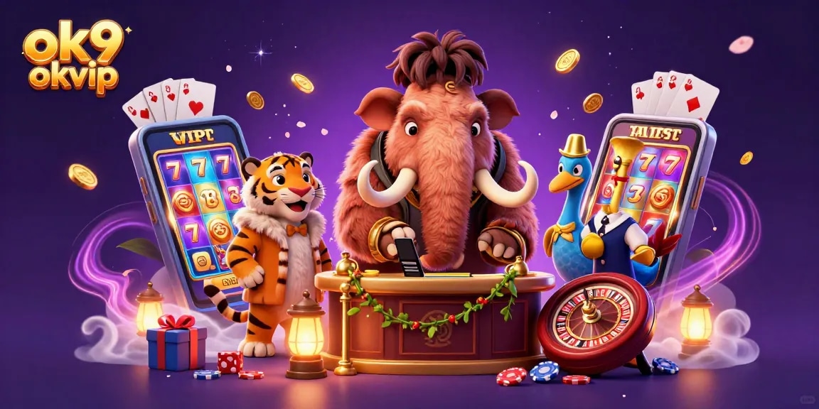 Engage with the vibrant world of ok9 okvip, where a woolly mammoth bouncer checks IDs at the casino entrance.