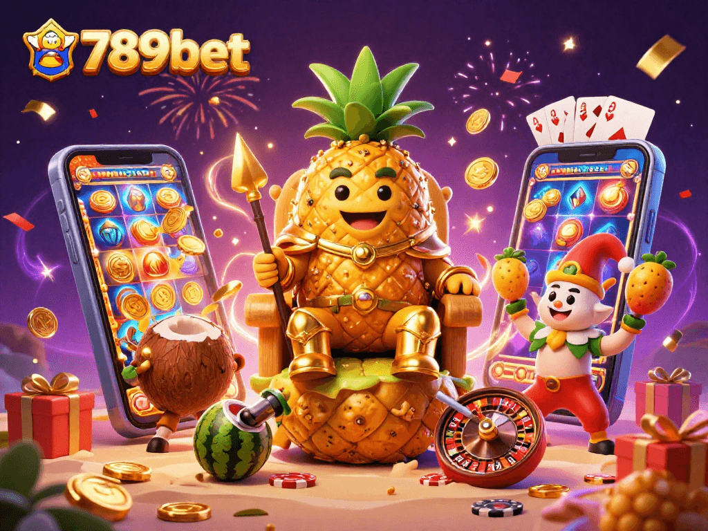 Engage with 789bet’s vibrant casino scene featuring a golden pineapple king and festive elements.