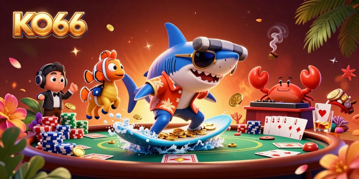 KO66 showcases a vibrant 3D casino scene filled with gold coins, poker chips, and playful characters.